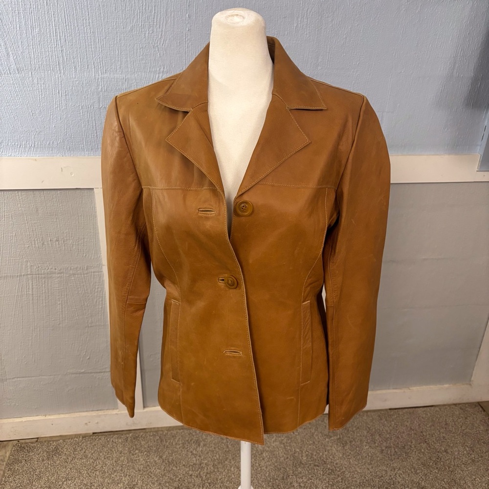 Vintage Mossimo Womens Leather Jacket SZ S HONEY 3 Buttons Retro Office look